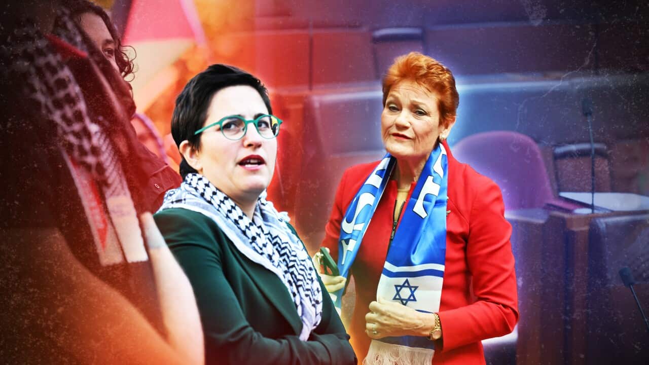 A composite image of two women. One wears and an Israeli-flag themed scarf, the other a Palestinian keffiyeh. 