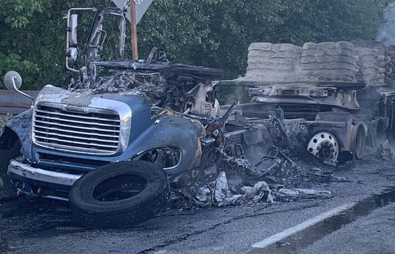 A truck fire closed all northbound lanes of I-405 in Renton Tuesday, May 14, 2024.