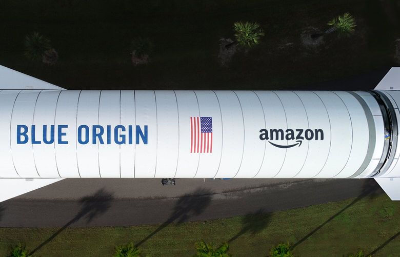 Overhead of the New Glenn rocket from Blue Origin, one of the three heavy-lift launch providers Amazon selected for Project Kuiper.