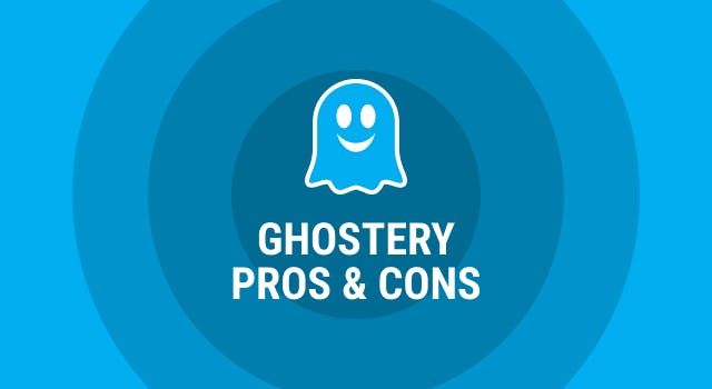 Ghostery logo and brand colors, text pros and cons