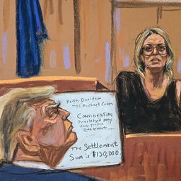Eine Skizze von Donald Trump und Stormy Daniels im Gerichtssaal.