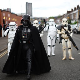 Eine Gruppe von Person geht in Verkleidungen von Darth Vader und den Sturmtruppen auf das Stadion in Sheffield zu.