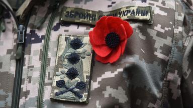 Eine rote Mohnblume auf einer ukrainischen Militäruniform
