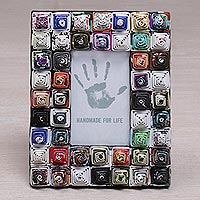 Recycled paper photo frame, 'Square Shrines' (3x5) - 3x5 Recycled Paper Photo Frame with Multicolored Squares