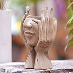 Hand Carved Hibiscus Wood Statuette, 'Keep Me Close'