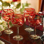 Handblown Recycled Glass Red Swirl Wine Goblets Set of 4, 'Crimson Serpentines'