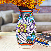 Ceramic vase, 'Guanajuato Flora' - Floral Ceramic Vase Handmade Mexican Folk Art