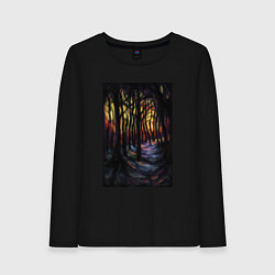 Лонгслив хлопковый женский Деревья в ночи, цвет: черный