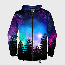 Ветровка с капюшоном мужская Космический лес, елки и звезды, цвет: 3D-черный
