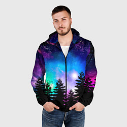 Ветровка с капюшоном мужская Космический лес, елки и звезды, цвет: 3D-черный — фото 2
