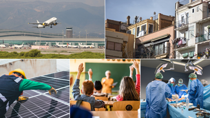 Composició de cinc fotografies on es pot veure un avió enlairant-se a l'aeroport del Prat, les façanes d'uns edificis, un tècnic instal·lant una placa solar, uns nens d'esquena en una aula i uns m