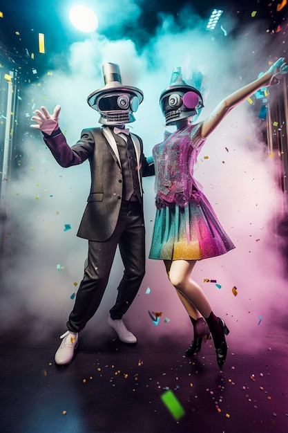Illustrazione AI generativa di coppia di robot semiumani di intelligenza artificiale uomo e donna innamorati vestiti all'ultima moda con cappello che balla in una discoteca alla moda