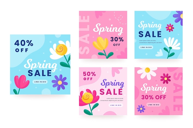 Free vector hand drawn spring sale social media posts pack