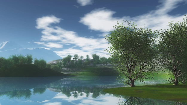 Free photo 3d landscape with trees on hills alongside river