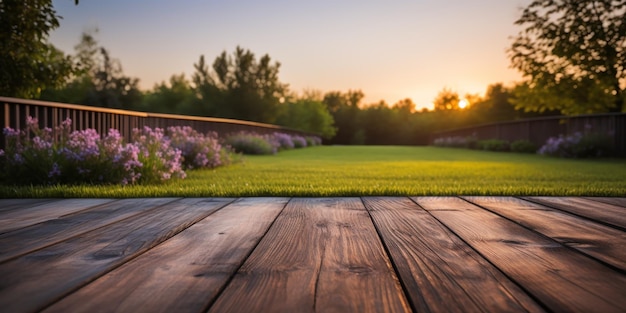 Бесплатное фото Аккуратно ухоженный газон простирается до современного деревянного барьера, бросающего мягкие тени в теплом свете мирного заката