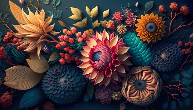 Free photo closeup textural bright exotic flowers generative al