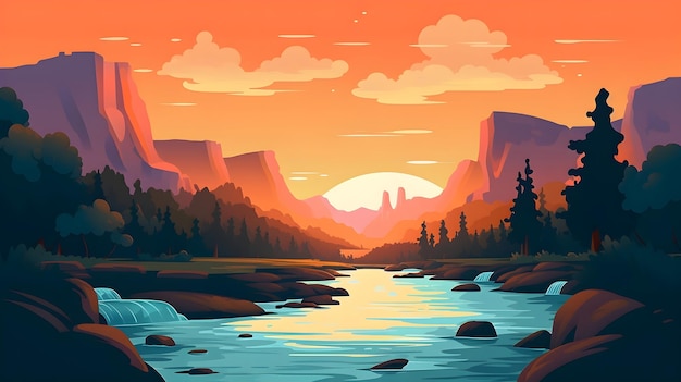 Free photo flat vector of forest sunset river illustration