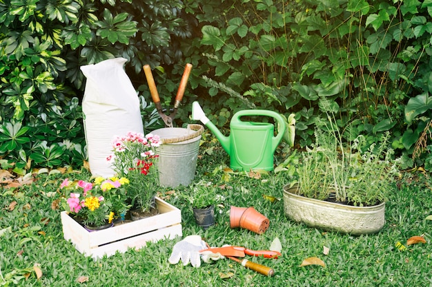 Бесплатное фото Садовый инвентарь с вазонами на траве