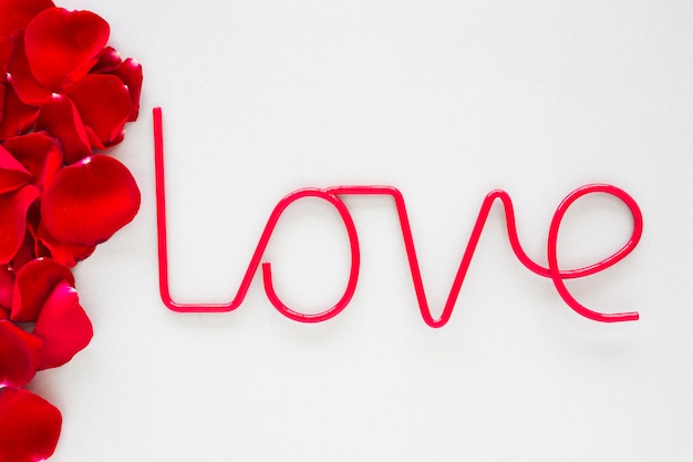 Love inscription with rose petals on light table