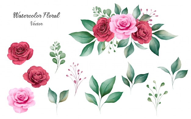 Набор акварель цветочные элементы вектора персиковых и бордовых роз цветы и листья с букетом.