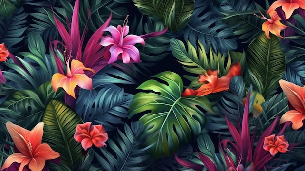 Photo tropical plants on dark background seamless pattern ai generative