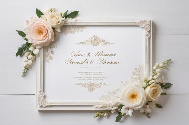 Photo wedding invitation or bridal shower invitation white wooden frame decorated with flowers blank space for a text