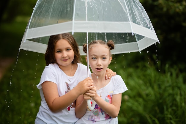 Young attractive smiling girls under an umbrella in a summer park The girls surprised face