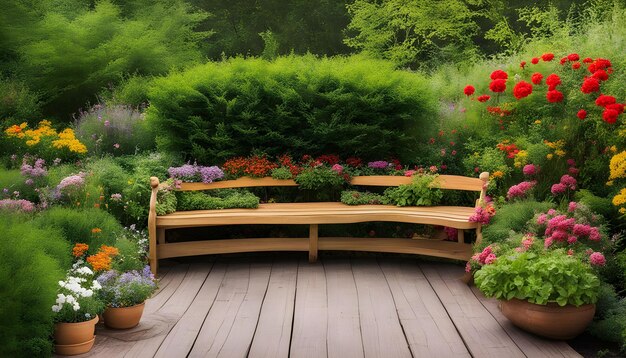 Фото Деревянная скамейка с цветами и скамейка перед садом