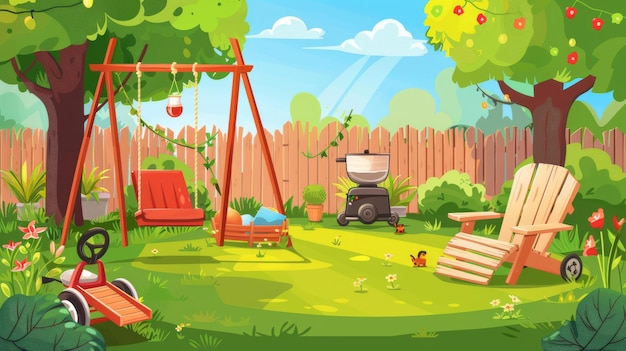 Фото Сад на заднем дворе с деревянным стулом коктейль стеклянная газонокосилка деревья горшки растения собачий дом игрушечный мяч и забор современная иллюстрация мультфильма