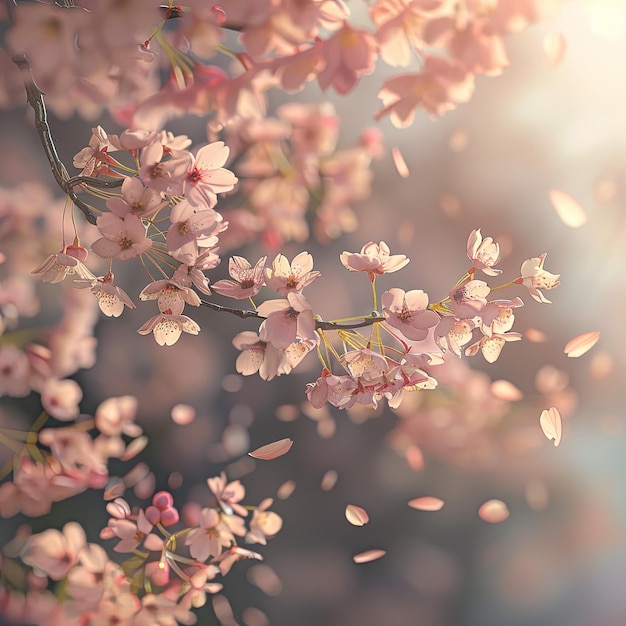 Photo a branch of cherry blossoms in full bloom with some petals floating in the air