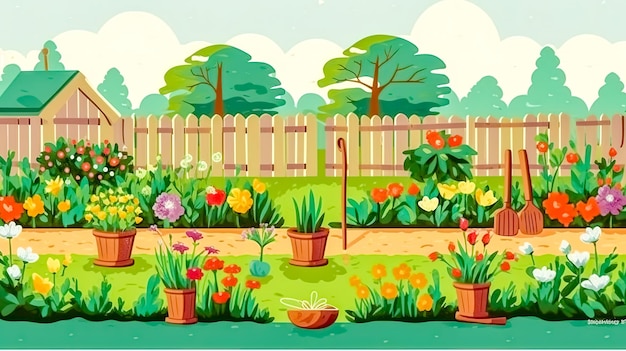 Фото Мультфильмный цветочный сад перед забором в деревне