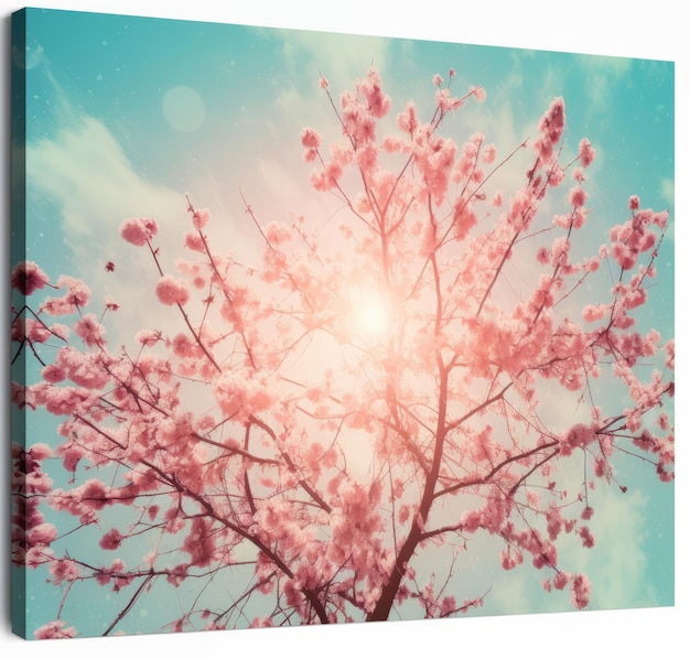Photo cherry blossom tree with blue sky and sun vintage style