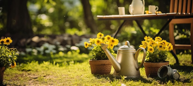 Фото Коллекция садовых инструментов и цветочных горшков в спокойной и яркой солнечной садовой обстановке