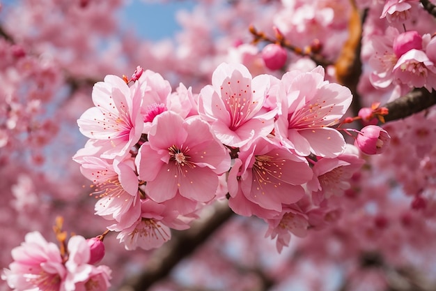 Photo close up branch of pink cherry blossom at chiang mai thailand