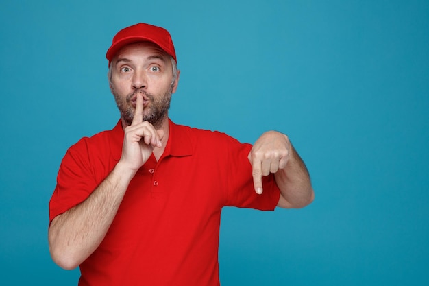 Сотрудник доставщика в красной кепке с пустой футболкой смотрит в камеру, удивленно делая жест молчания, указывая пальцем на губы, указывая указательным пальцем вниз, стоя на синем фоне