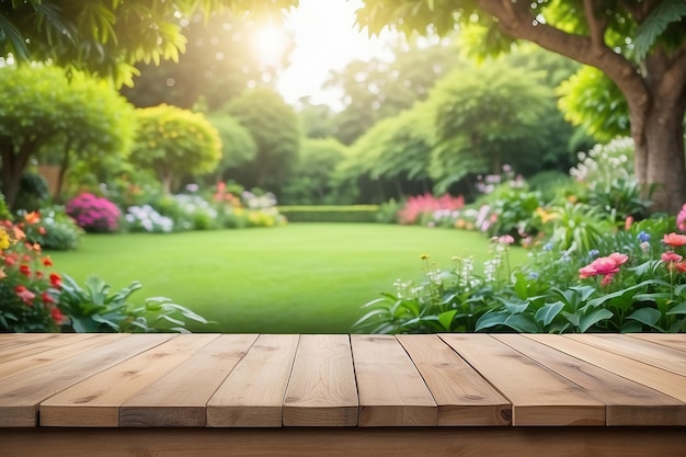 Фото Пустой деревянный стол с красивым садовым фоном размытым