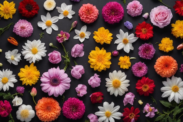 Фото Коллекция цветочных голов изолирована на черном фоне карта весенний набор плоский слой верхний вид