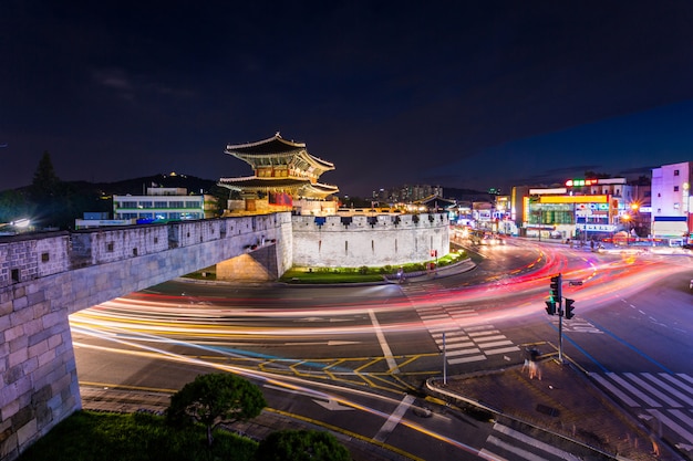 Korea landmark and park after sunset, Traditional Architecture at Suwon, Hwaseong Fortress in Sunset, South Korea.
