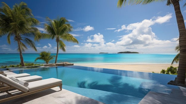 A luxury infinity pool overlooking a pristine beach with lounge chairs palm trees and ocean views in the backdrop