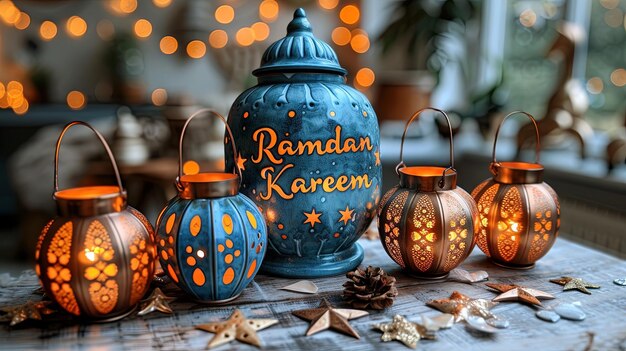 Photo ramadan kareem greeting card festive decoration with blue lanterns candles and star on wooden table