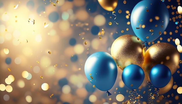 Photo realistic festive background with golden and blue balloons falling confetti blurry background and a