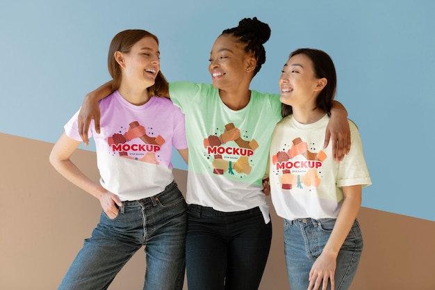 Friends representing the inclusion concept with mock-up t-shirts