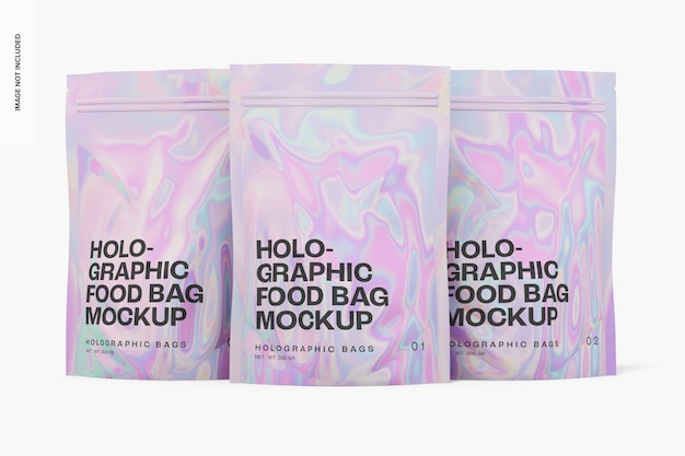 PSD holographic food bags mockup, front view