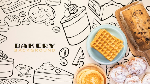 Hand drawn bakery background with pancakes