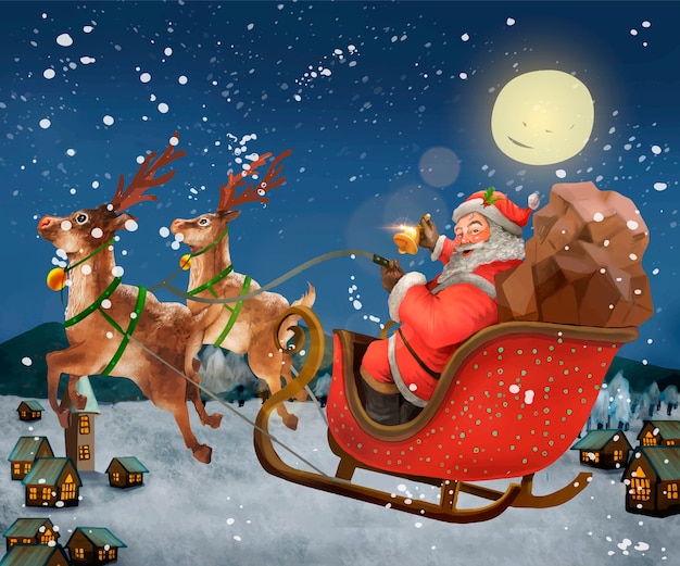 Babbo Natale disegnato a mano che guida una slitta che consegna i regali
