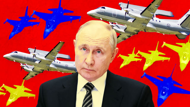 A photo illustration of President Putin, F16 fighter jets, and Swedish ASC 890 aircraft.