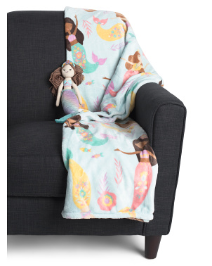 Girls Floral Mermaid Friend And Throw Set