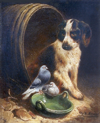 Best Friends Spaniel and Pigeons (407x500, 295Kb)
