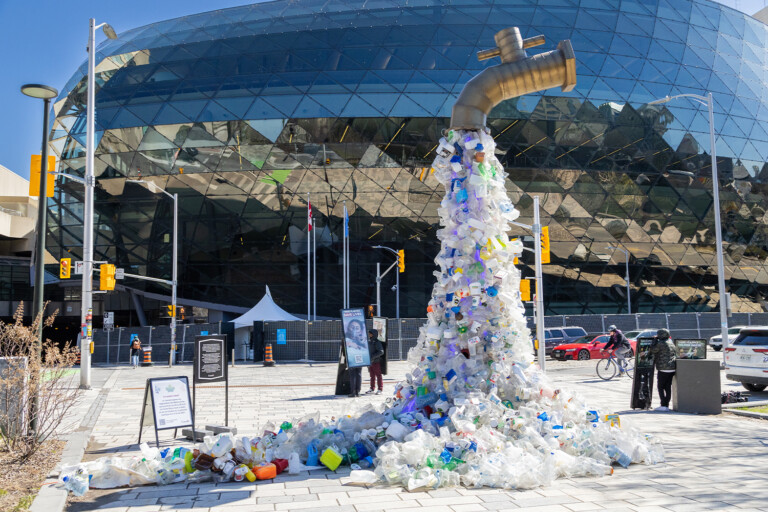 The plastic pollution art installation outside Ottawa's Shaw Centre where the summit took place.