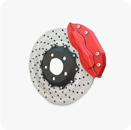 A brake disc with a red brake pad.
